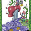 A whimsical card from The Healthy Witch Oracle Cards by Schiffer Publishing, Ltd. depicts a red-and-white mushroom with purple liquid, flowers, vines, and butterflies and features the words "Liver" and “Spirit/Spring/Ostara/Beltane/Spring Equinox.”.
