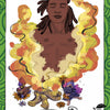 An illustrated card from The Healthy Witch Oracle Cards by Schiffer Publishing, Ltd. features a shirtless person amid yellow energy, flowers, roots, and herbs. It reads "Mabon/Samhain/Fall Equinox," "Large Intestine," and shows a black apple with the number 6.