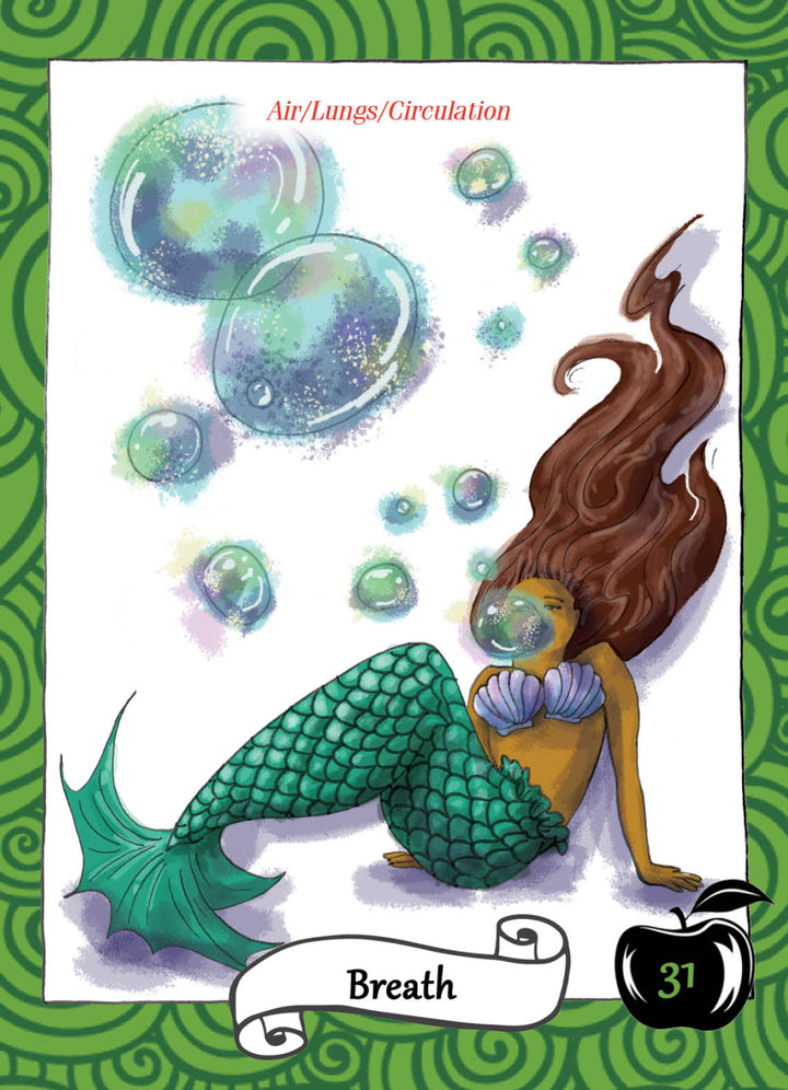Illustration of a mermaid with flowing brown hair, green tail, and purple seashell top blowing bubbles. Text: "Air/Lungs/Circulation." Inspired by The Healthy Witch Oracle Cards by Schiffer Publishing, Ltd. Banner: Breath; black apple marked 31.