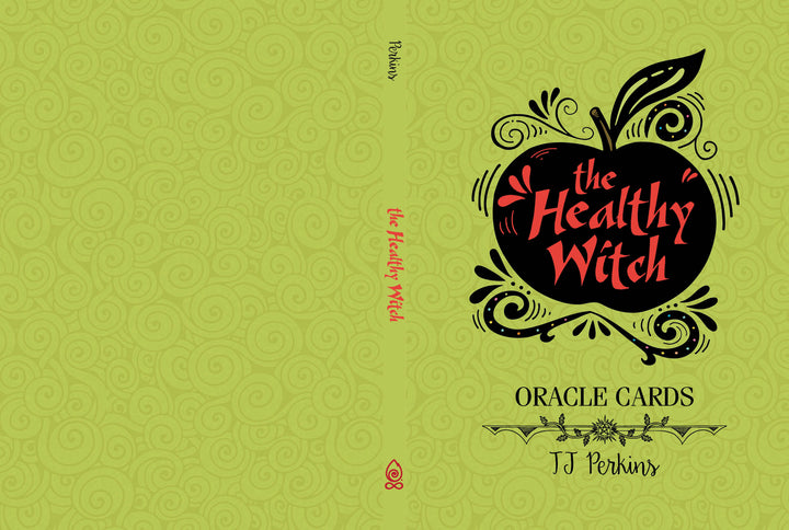 A green cover with swirling patterns and a black apple silhouette features “The Healthy Witch Oracle Cards” by TJ Perkins in red text. Published by Schiffer Publishing, Ltd.; the spine displays the title and author.
