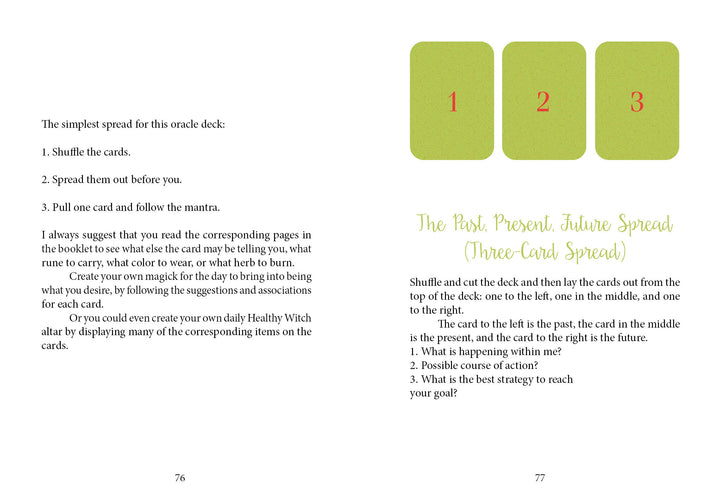 An open book from The Healthy Witch Oracle Cards by Schiffer Publishing, Ltd. displays instructions for a simple spread and a three-card Past, Present, Future spread with green text and numbered boxes labeled 1, 2, and 3.