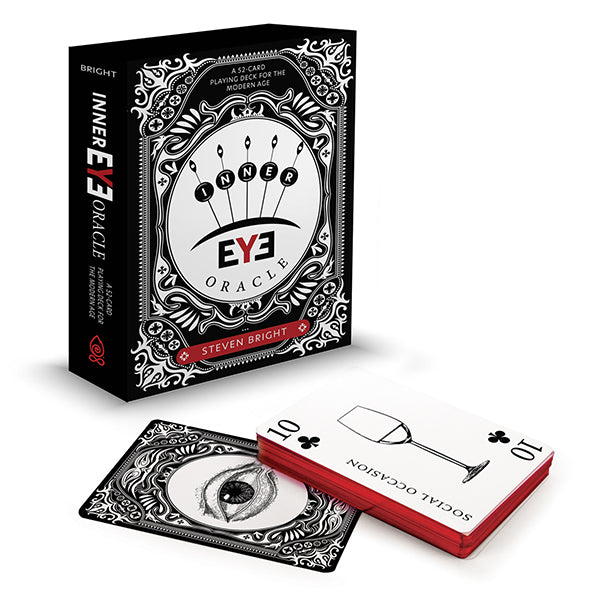 A boxed set of Schiffer Publishing, Ltd.'s Inner Eye Oracle cards is shown, featuring an eye design. Two cards are visible: one showing a wine glass labeled “Social Occasion” and another with an illustrated eye.