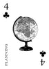 A card from the Inner Eye Oracle by Schiffer Publishing, Ltd. depicts a globe at the center of the Four of Clubs, with "PLANNING" written vertically along the left side as part of an illustrated deck.
