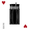 The 8 of hearts from the Inner Eye Oracle by Schiffer Publishing, Ltd. shows an open matchbox with matches and “PASSION” written vertically, making it a distinctive card for oracle or divination card collections.