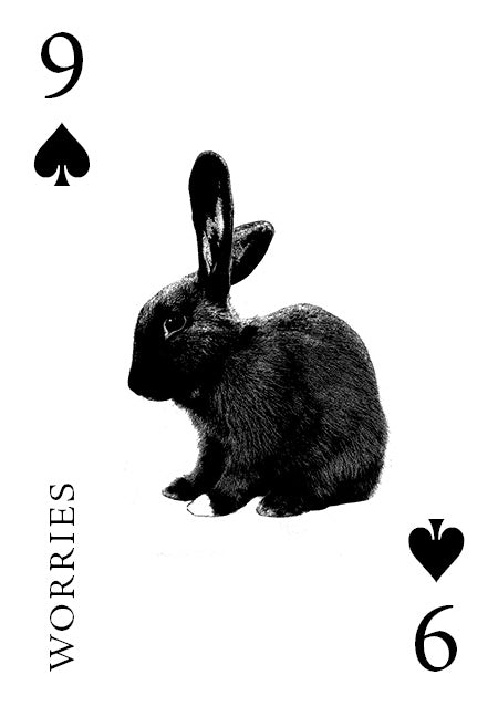 A card from the Inner Eye Oracle by Schiffer Publishing, Ltd. features the 9 of Spades with a black rabbit in the center and "WORRIES" written vertically on this unique divination deck card.