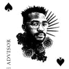A stylized card from the Inner Eye Oracle by Schiffer Publishing, Ltd. features a Black man with glasses as the King of Spades, titled The Advisor, with roses and abstract shapes around his portrait.