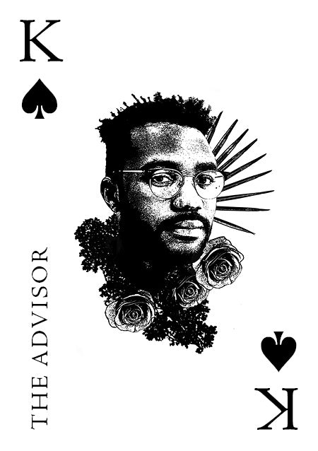A stylized card from the Inner Eye Oracle by Schiffer Publishing, Ltd. features a Black man with glasses as the King of Spades, titled The Advisor, with roses and abstract shapes around his portrait.