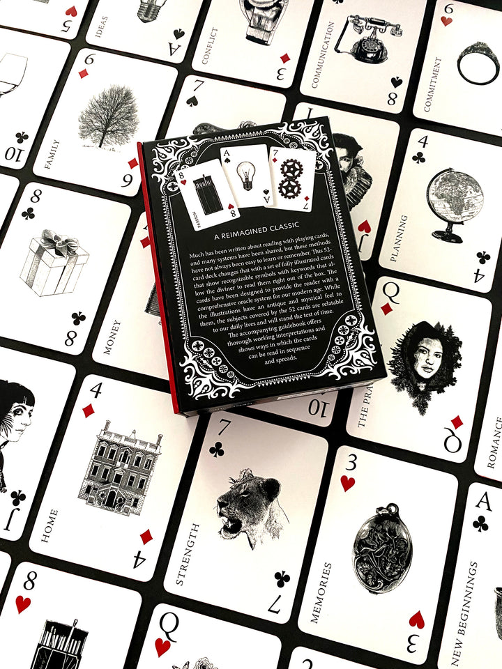 The Inner Eye Oracle by Schiffer Publishing, Ltd. features a decorative book with playing card artwork on the cover, displayed on illustrated playing cards and oracle cards labeled “Romance,” “Strength,” and “Compliment.”.