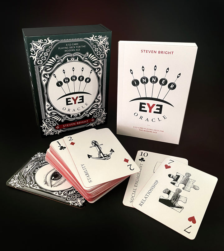 The Inner Eye Oracle by Schiffer Publishing, Ltd.—an illustrated oracle deck with symbols and keywords, spread out alongside its card box and guidebook on a black background—offers inspiration for your spiritual journey.