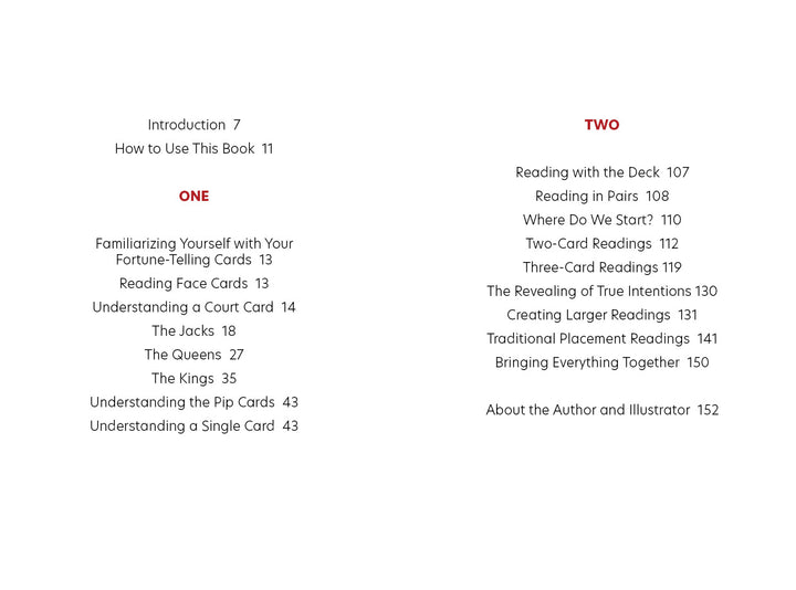Table of contents for the Inner Eye Oracle by Schiffer Publishing, Ltd., with chapter titles and page numbers in black, section headings ONE and TWO in red, covering card divination, meanings, readings, illustrated deck, and author info.