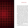 A book spread from Inner Eye Oracle by Schiffer Publishing, Ltd.: the left page shows a red and black heart and spade pattern inspired by illustrated cards; the right page features tarot history text on a white background.