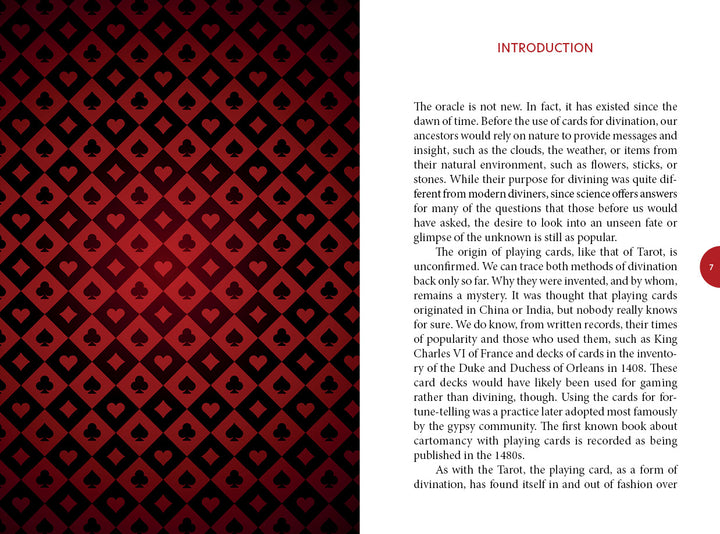 A book spread from Inner Eye Oracle by Schiffer Publishing, Ltd.: the left page shows a red and black heart and spade pattern inspired by illustrated cards; the right page features tarot history text on a white background.
