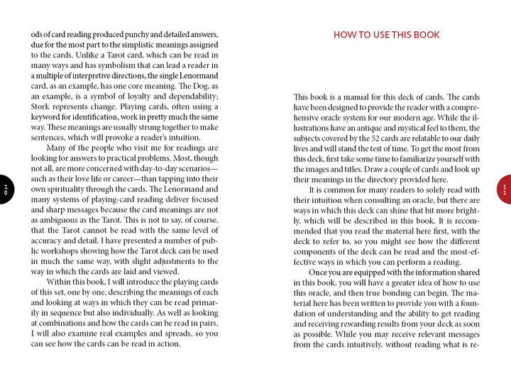 A two-page spread from Inner Eye Oracle by Schiffer Publishing, Ltd.: the left page displays text blocks, while the right page, titled “HOW TO USE THIS BOOK” in pink, offers tips for reading and using the illustrated card deck for divination.