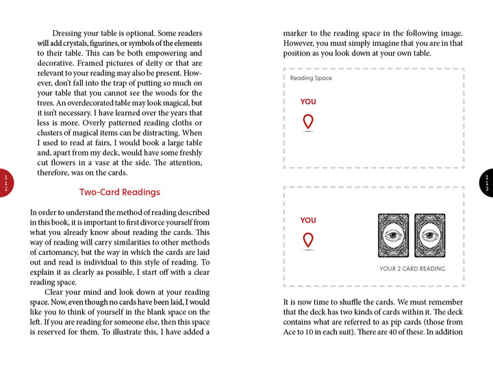 A page from the Inner Eye Oracle by Schiffer Publishing, Ltd. explains a two-card tarot reading with written instructions, a placement diagram, and a photo showing two cards from the illustrated deck side by side on a flat surface.