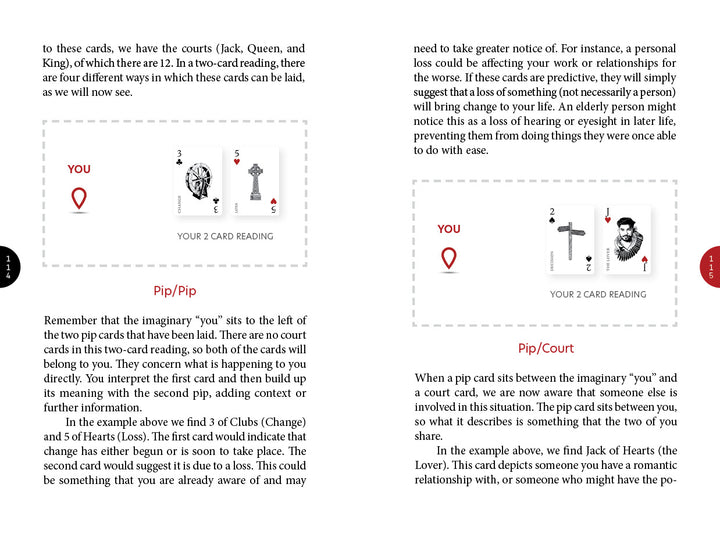 Two pages from the Inner Eye Oracle guide by Schiffer Publishing, Ltd. explain 2-card divination, featuring illustrated examples of pip/face and pip/pip combinations along with explanatory text for each.