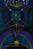 The Shaman’s Way Oracle by Schiffer Publishing, Ltd. features an abstract ascension card with blue, gold, and teal geometric designs. The number 14 is in the top left and “Transmutation” in gold at the bottom, symbolizing spiritual healing.