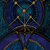 The Shaman’s Way Oracle by Schiffer Publishing, Ltd. features an abstract ascension card with blue, gold, and teal geometric designs. The number 14 is in the top left and “Transmutation” in gold at the bottom, symbolizing spiritual healing.