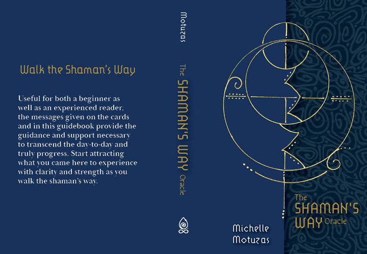 Book cover for The Shaman’s Way Oracle by Schiffer Publishing, Ltd. shows a gold abstract crescent moon and lines on a dark blue patterned background, reflecting the mystique of this shaman oracle deck. Guidebook details are included on the back.