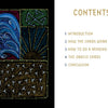 The Shaman’s Way Oracle by Schiffer Publishing, Ltd. features a table of contents with abstract art—waves, sun rays, and birds—on the left, and chapters listed on the right: Introduction, How the Cards Work, Readings, Deck, and Conclusion.