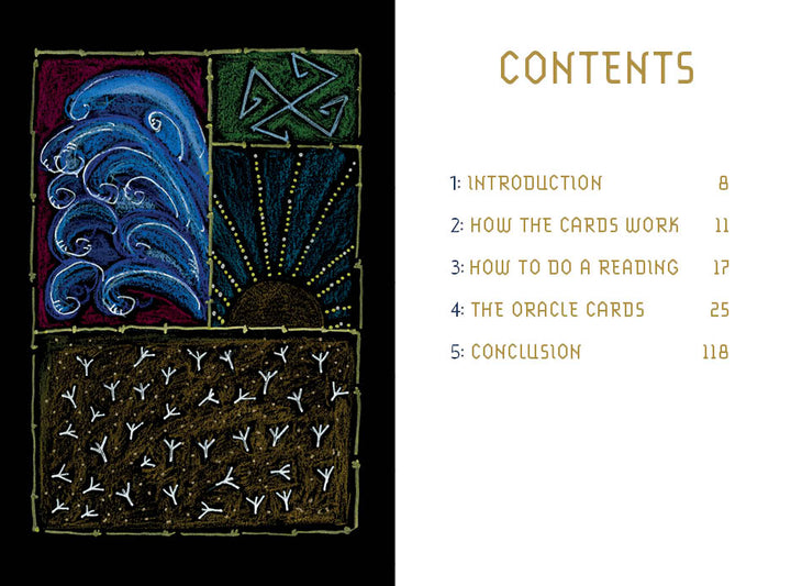 The Shaman’s Way Oracle by Schiffer Publishing, Ltd. features a table of contents with abstract art—waves, sun rays, and birds—on the left, and chapters listed on the right: Introduction, How the Cards Work, Readings, Deck, and Conclusion.