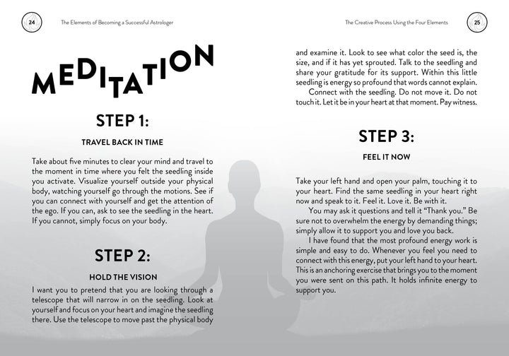 A two-page spread from Schiffer Publishing, Ltd.'s "The Elements of Becoming a Successful Astrologer" details three meditation steps for aspiring chart readers, including headings, instructions, and page numbers 24 and 25.