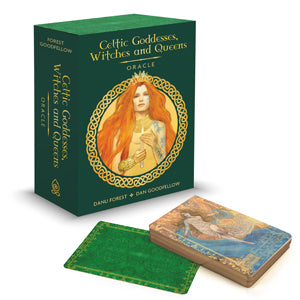 A green box labeled "Celtic Goddesses, Witches, and Queens Oracle" by Schiffer Publishing, Ltd. displays a red-haired woman, with two oracle cards beside it—one showing card art, the other the card back design.