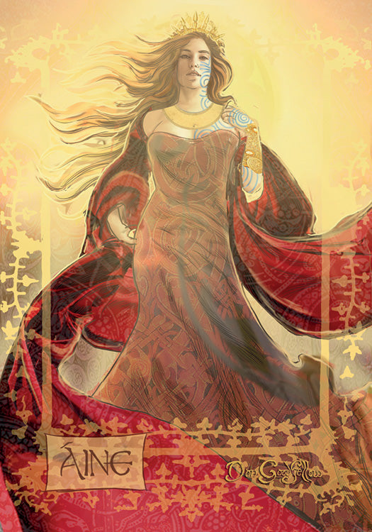 A regal woman with flowing hair and crown stands in red and gold amid intricate patterns, evoking Celtic goddesses. "Aine" is inscribed below. From the Celtic Goddesses, Witches, and Queens Oracle by Schiffer Publishing, Ltd.