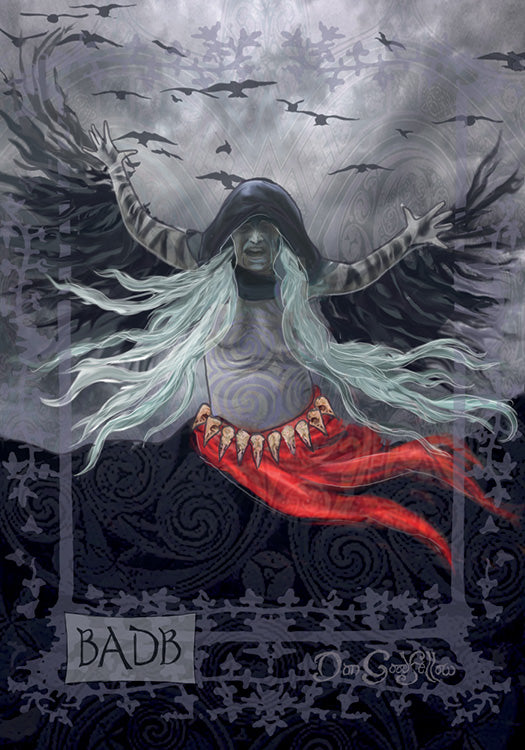 A spectral, hooded woman with flowing white hair and outstretched arms rises from swirling darkness, black birds overhead and a red cloth at her waist. "BADB" appears below. From the Celtic Goddesses, Witches, and Queens Oracle by Schiffer Publishing, Ltd.