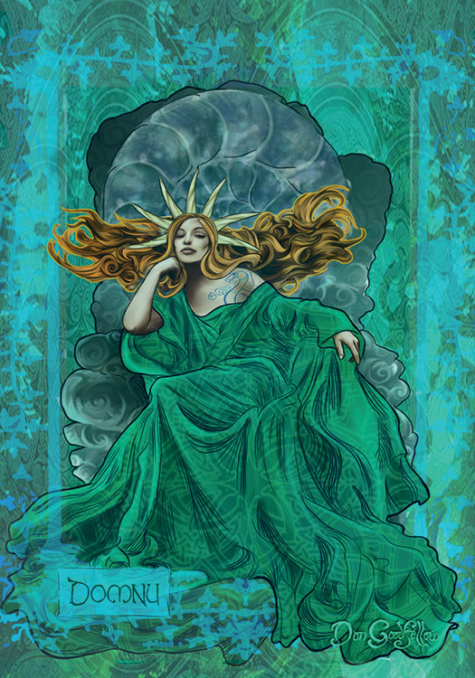 A regal woman with long hair and a golden crown sits on a throne in an elegant teal gown, embodying Celtic goddesses. Intricate teal patterns frame her—Domnu appears below. From Celtic Goddesses, Witches, and Queens Oracle by Schiffer Publishing, Ltd.