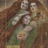 Three women with flowing hair, green robes, and Celtic tattoos embody goddesses—one with fruit, another with bread, and the third a cup. Gold text reads "Celtic Goddesses, Witches, and Queens Oracle" from Schiffer Publishing, Ltd.