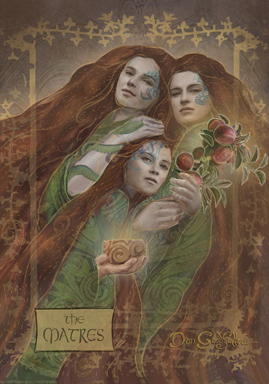 Three women with flowing hair, green robes, and Celtic tattoos embody goddesses—one with fruit, another with bread, and the third a cup. Gold text reads "Celtic Goddesses, Witches, and Queens Oracle" from Schiffer Publishing, Ltd.