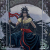 A fantasy illustration inspired by Celtic goddesses from Schiffer Publishing, Ltd.'s "Celtic Goddesses, Witches, and Queens Oracle" shows a robed warrior with a spear and red ribbon seated on a stone throne among ornate Celtic designs.