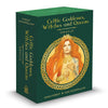 Celtic Goddesses, Witches, and Queens Oracle by Schiffer Publishing, Ltd. is a green box set featuring a red-haired woman with tattoos and staff within a Celtic knot border—a powerful divinatory tool for insight.