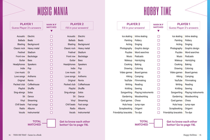 The Schiffer Publishing, Ltd. "This or That - Game in a Book" features a two-page spread: the left page, Music Mania, for players to check music preferences; the right, Hobby Time, with this or that hobby questions and checkboxes for each player.
