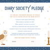 The Secret Diary Society All About Me pledge form by Schiffer Publishing, Ltd. features an illustrated owl, two candles, star motifs on a blue patterned border, creative journal spaces, prompts, and places to sign and date at the bottom.
