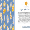 An illustrated spread from Schiffer Publishing, Ltd.'s "Secret Diary Society All About Me": the left page features orange, yellow, and white feathers on blue; the right has a chapter title and inspiring self-discovery text.