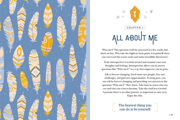 An illustrated spread from Schiffer Publishing, Ltd.'s "Secret Diary Society All About Me": the left page features orange, yellow, and white feathers on blue; the right has a chapter title and inspiring self-discovery text.
