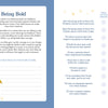 The Secret Diary Society All About Me by Schiffer Publishing, Ltd. is open to a Being Bold page with prompts and lined space on the left, a boldness self-assessment rating scale on the right, and a yellow squiggle decorates the bottom left corner.