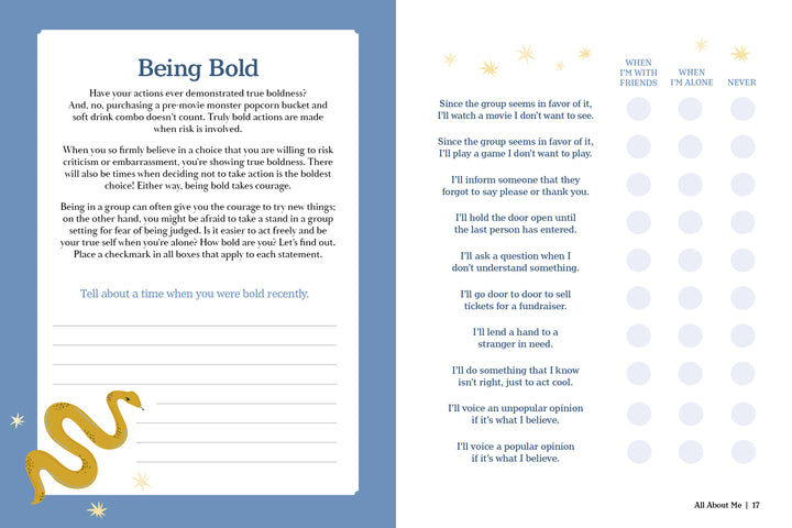 The Secret Diary Society All About Me by Schiffer Publishing, Ltd. is open to a Being Bold page with prompts and lined space on the left, a boldness self-assessment rating scale on the right, and a yellow squiggle decorates the bottom left corner.