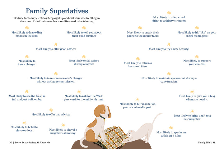 Secret Diary Society All About Me by Schiffer Publishing, Ltd. features a Family Superlatives page with star, dog, and cat art plus fun prompts like “most likely to order good advice,” bringing creative journal flair to your self-discovery.