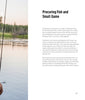 A person is fishing by a calm lake at sunset. On the right, text from Schiffer Publishing, Ltd.'s Core Bushcraft highlights abundant fish and small game, their nutritional value, and key wilderness skills for successful procurement.
