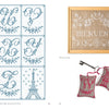 Vintage French Needlework by Schiffer Publishing, Ltd.: nine blue monogram alphabet patterns and two motifs (windmill, Eiffel Tower) on left; framed beige “BIENVENUE” and two pink key-themed ornaments on right.