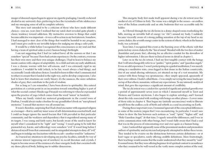 The book "Soul" by Schiffer Publishing, Ltd. is shown open, revealing dense black text across two pages headed “SOUL” and “PREFACE,” with paragraphs that discuss the human soul’s spiritual layers; the spread contains only text, no images.