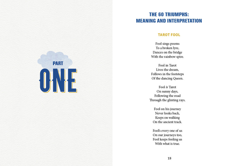 An open book from The Fool's New Journey Tarot by Schiffer Publishing, Ltd. displays "Part One" in large blue text on the left and "The 60 Triumphs: Meaning and Interpretation—Tarot Fool," with a poem, on page 19 of the right.