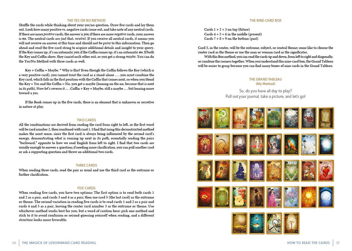 A two-page spread from "The Magick of Lenormand Card Reading" by Schiffer Publishing, Ltd. shows reading methods and diagrams on the left, with 18 colorful Lenormand cards and brief card meanings on the right.