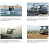 A six-photo collage showcases the CH-47 Chinook by Schiffer Publishing, Ltd. in action—flying, landing, loading, and assisting troops in varied settings like water, airfields, and deserts, with captions for each scene.
