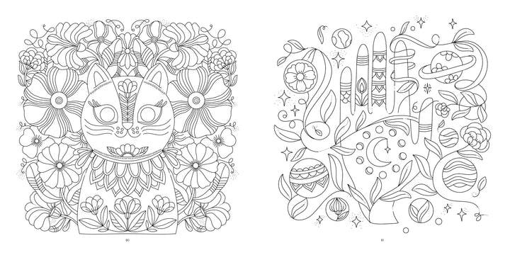 The Beautiful World Coloring Book by Schiffer Publishing, Ltd. features a lucky cat with floral patterns on one side and a mystical scene with a hand, crystals, mushrooms, moon, potions, and orbs in elegant black-and-white art.