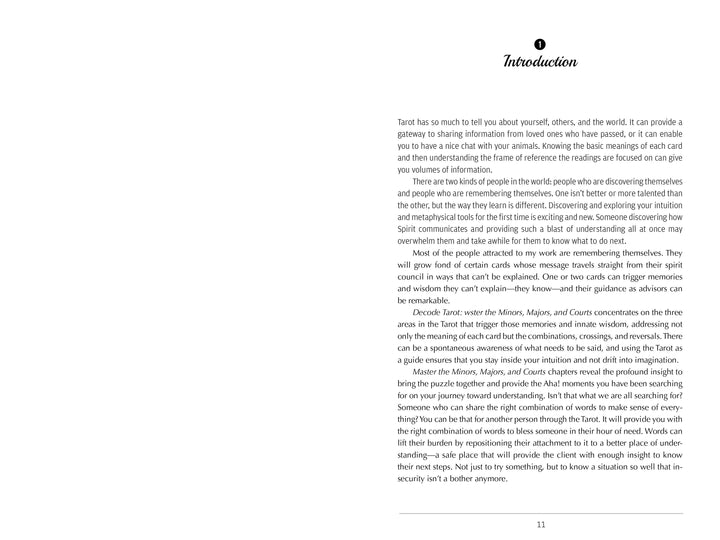 A page from Decode Tarot by Schiffer Publishing, Ltd. titled "Introduction" in script font explores tarot’s role in self-discovery, guidance, and insight through readings of the Major and Minor Arcana.