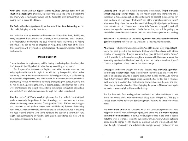 The two-page spread in Decode Tarot by Schiffer Publishing, Ltd. offers professional tarot readings, card images, questions, and guidance on change, finances, or past wounds—all arranged in clear paragraphs for easy interpretation.