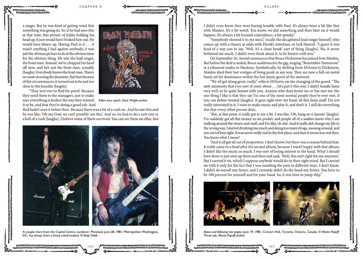 Two pages from "Hallowed by Their Name" by Schiffer Publishing, Ltd. feature Iron Maiden text, Killers World Tour art, and three action-packed concert photos with captions detailing the band's energetic stage performances and related events.